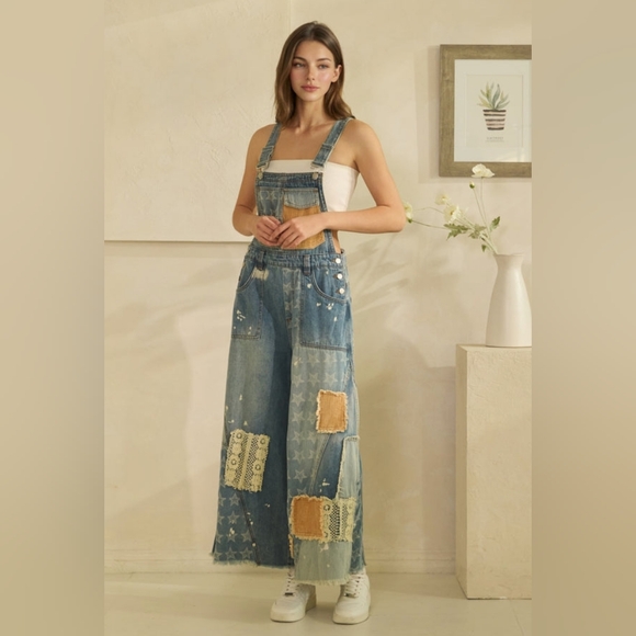 Oli & Hali Blue Denim Patchwork Wide-Leg Overalls - Picture 2 of 4